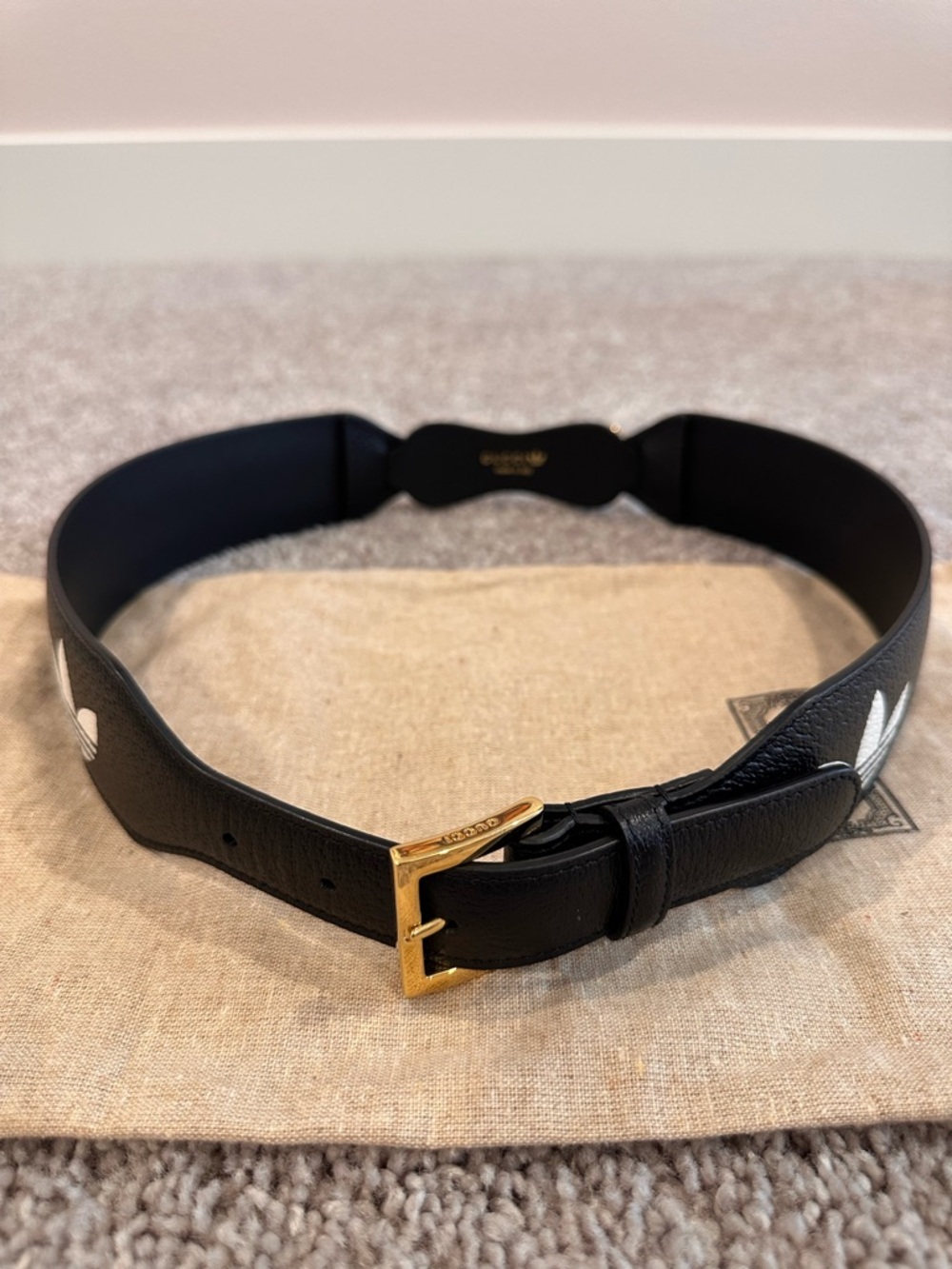 ADIDAS X GUCCI Black Leather Belt with Gold Horsebit & Trefoil Logos Size 80/32 - Picture 2 of 11